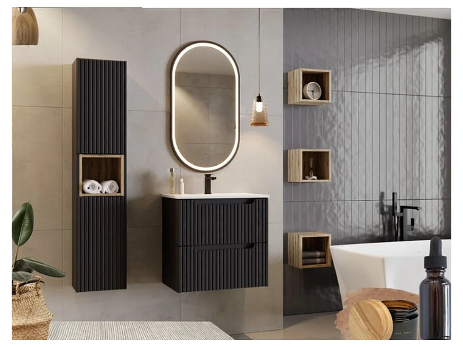 Meuble sous vasque suspendu 2 portes avec plan NOVA-Noir-Plateau Noir-Largeur 80 cm