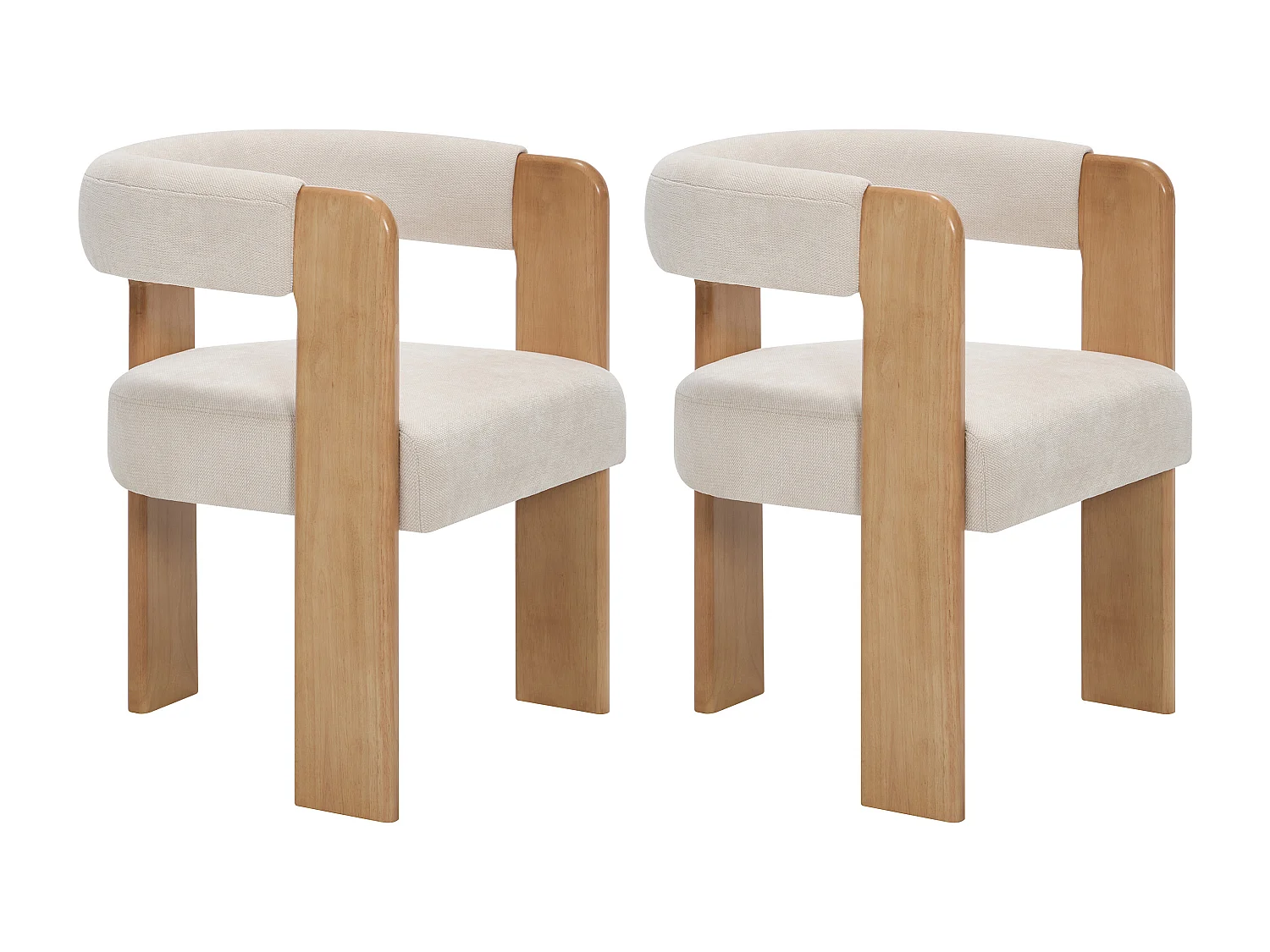Lot de 2 chaises avec accoudoirs en tissu texturé et bois d'hévéa - Crème et naturel clair - LUDVIKA