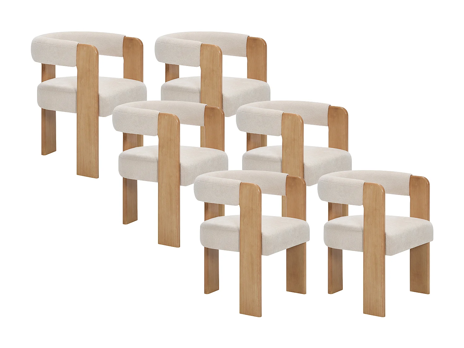 Lot de 6 chaises avec accoudoirs en tissu texturé et bois d'hévéa - Crème et naturel clair - LUDVIKA