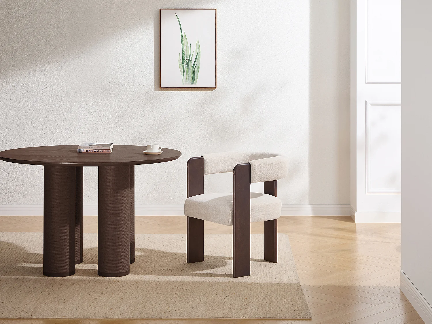 Lot de 6 chaises avec accoudoirs en tissu texturé et bois d'hévéa - Crème et naturel foncé - LUDVIKA