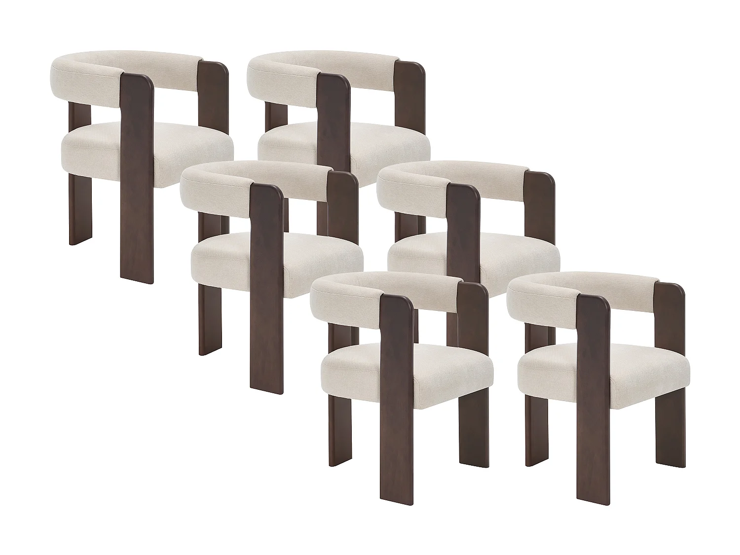 Lot de 6 chaises avec accoudoirs en tissu texturé et bois d'hévéa - Crème et naturel foncé - LUDVIKA