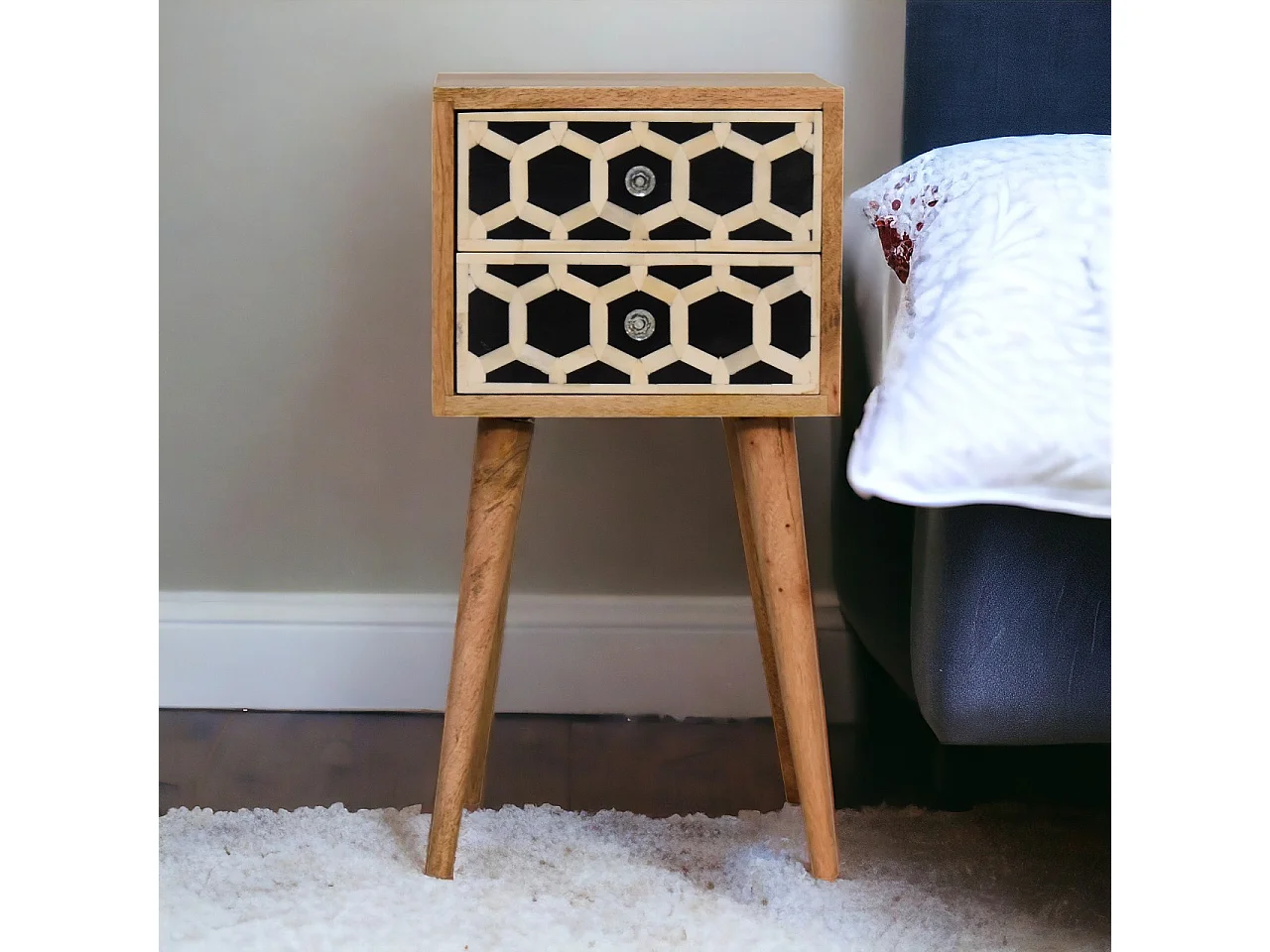 Artisan Furniture Solid Wood Mini Bone Inlay 2 Drawer Bedside, Brown And Black