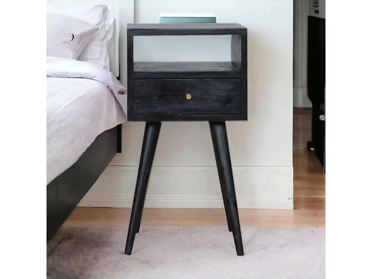 Artisan Furniture Solid Wood Mini Ash Black Bedside, Black, 1Drawer
