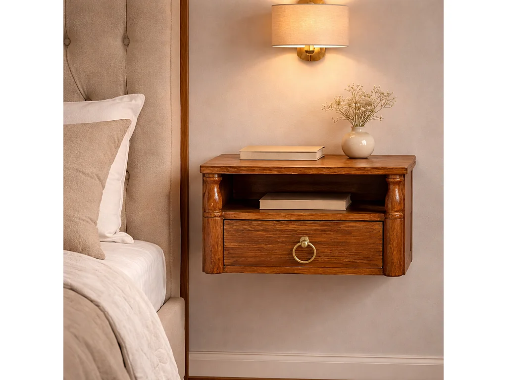 Artisan Furniture Solid Wood Turned Pillar Wall Nightstand, 1 Drawer & 1 Shelf, Brown