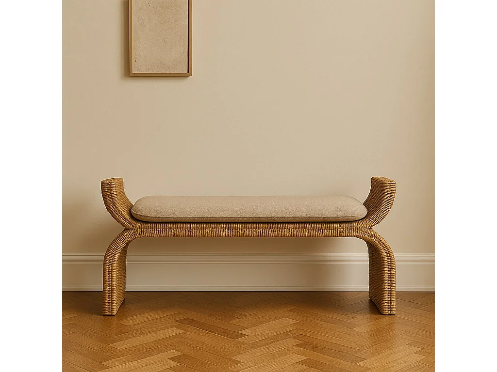 Artisan Furniture Solid Wood Rattan Weave Boucle Bench, Upholstered, Brown & Cream