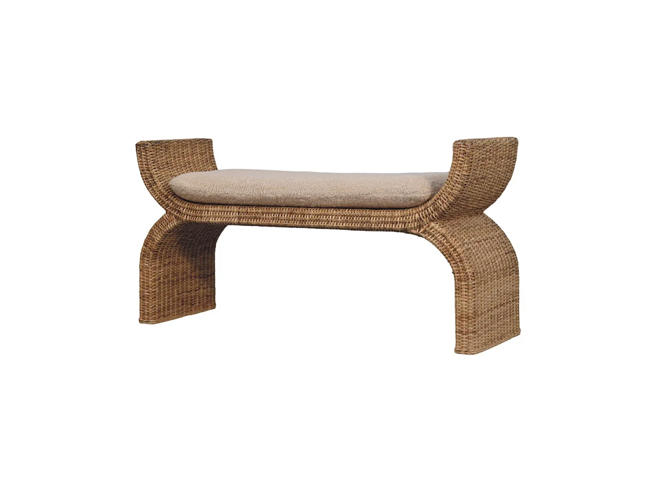 Artisan Furniture Solid Wood Rattan Weave Boucle Bench, Upholstered, Brown & Cream