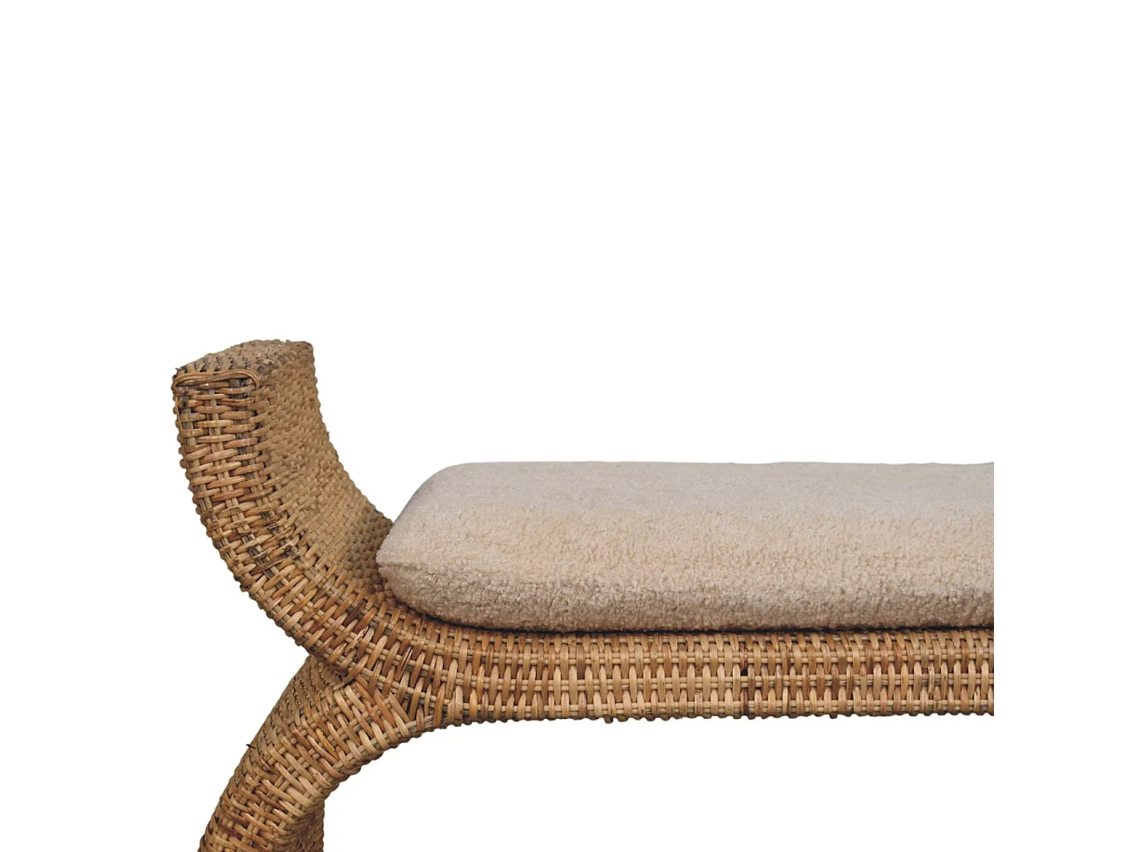 Artisan Furniture Solid Wood Rattan Weave Boucle Bench, Upholstered, Brown & Cream