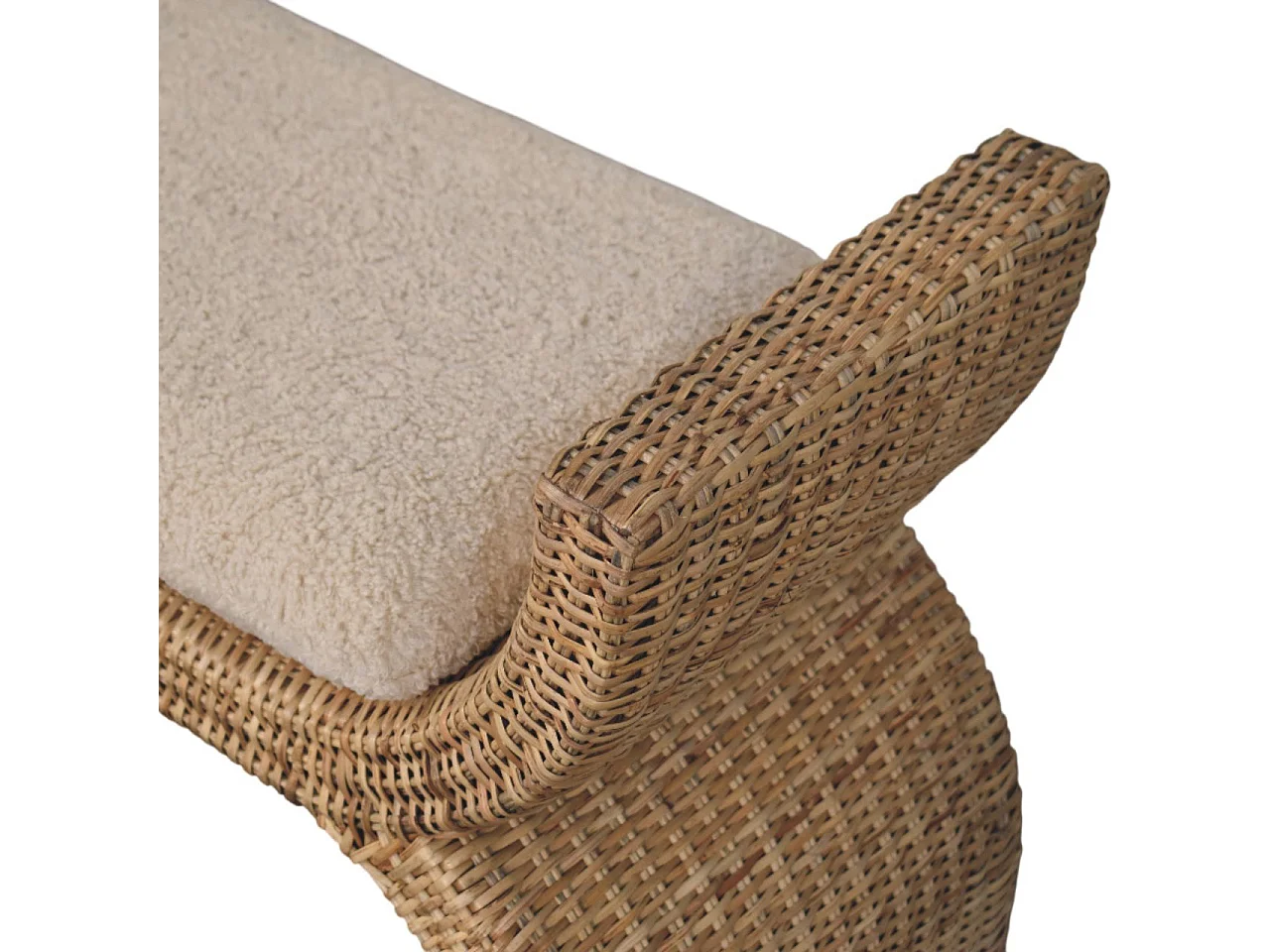 Artisan Furniture Solid Wood Rattan Weave Boucle Bench, Upholstered, Brown & Cream