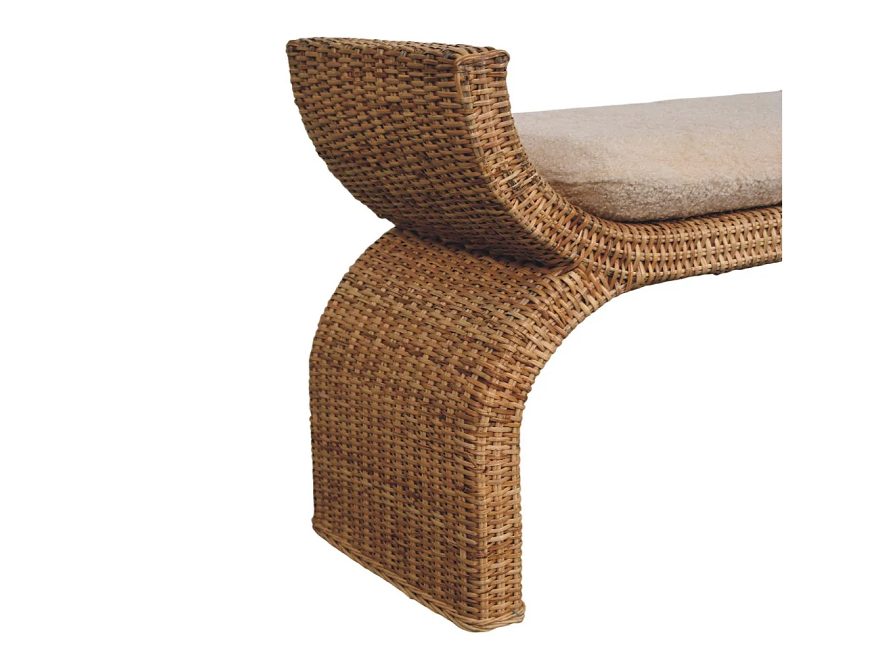 Artisan Furniture Solid Wood Rattan Weave Boucle Bench, Upholstered, Brown & Cream