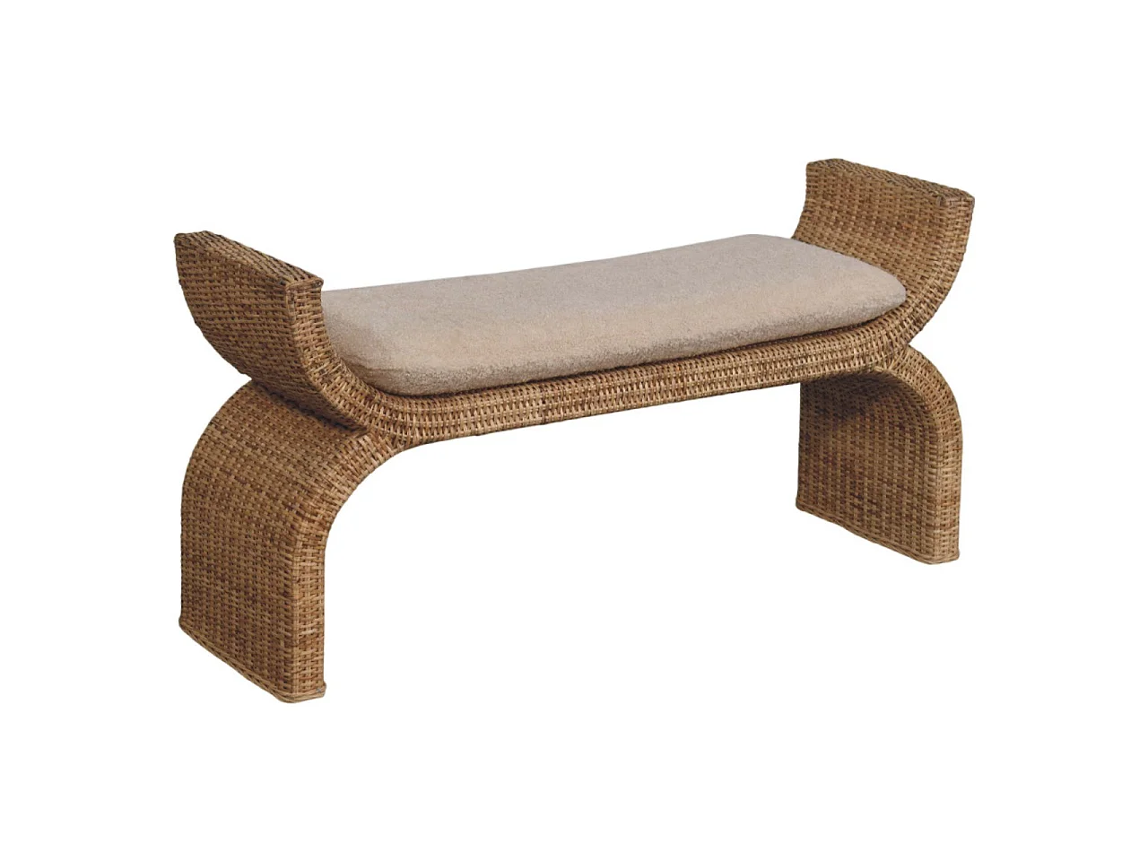 Artisan Furniture Solid Wood Rattan Weave Boucle Bench, Upholstered, Brown & Cream