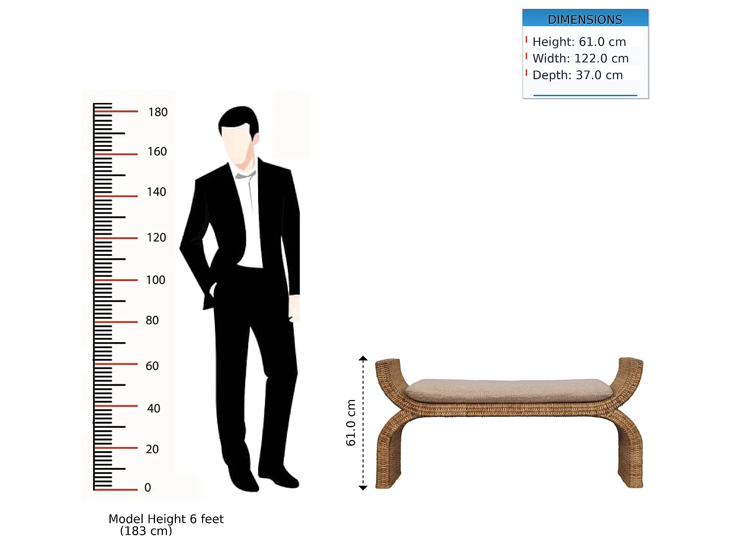 Artisan Furniture Solid Wood Rattan Weave Boucle Bench, Upholstered, Brown & Cream
