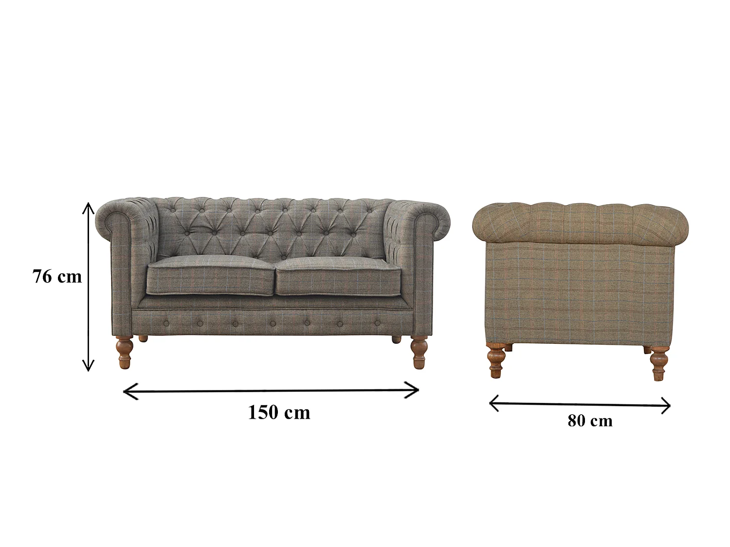 Artisan Furniture Solid Wood Multi Tweed 2 Seat Chesterfield, Upholstered, Grey
