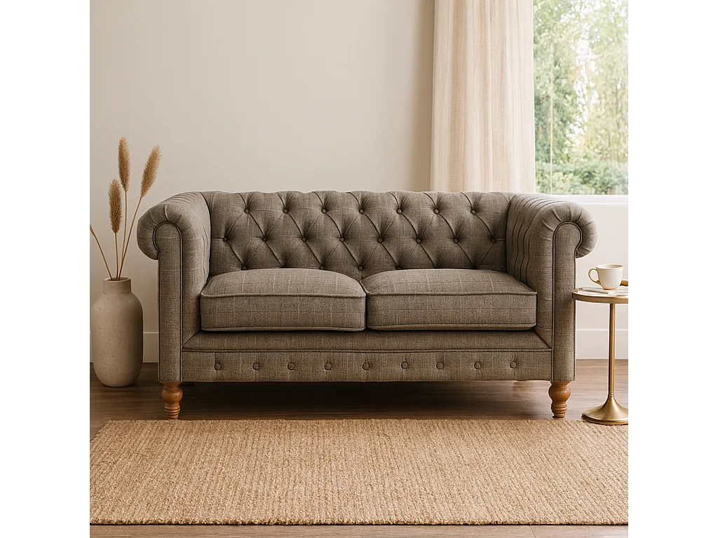 Artisan Furniture Solid Wood Multi Tweed 2 Seat Chesterfield, Upholstered, Grey