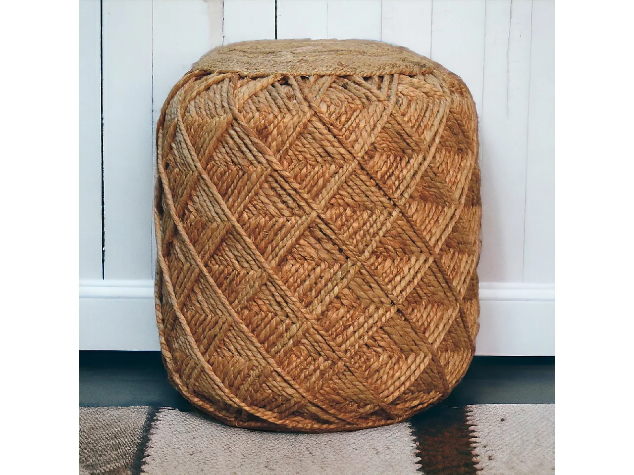 Artisan Furniture Solid Wood Jute Fiber Footstool Large Pattern, Beige