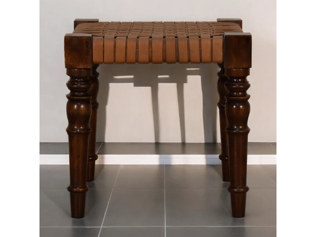Artisan Furniture Solid Wood Woven Leather Footstool, Brown