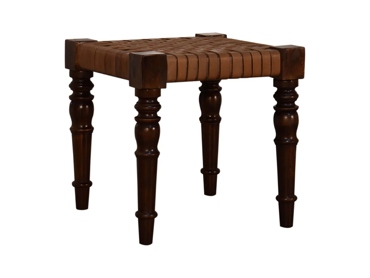 Artisan Furniture Solid Wood Woven Leather Footstool, Brown