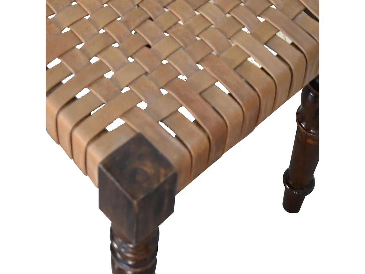 Artisan Furniture Solid Wood Woven Leather Footstool, Brown