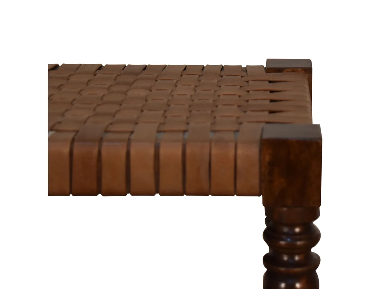 Artisan Furniture Solid Wood Woven Leather Footstool, Brown