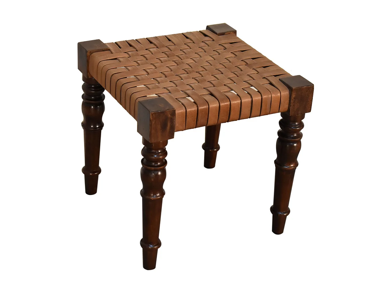 Artisan Furniture Solid Wood Woven Leather Footstool, Brown