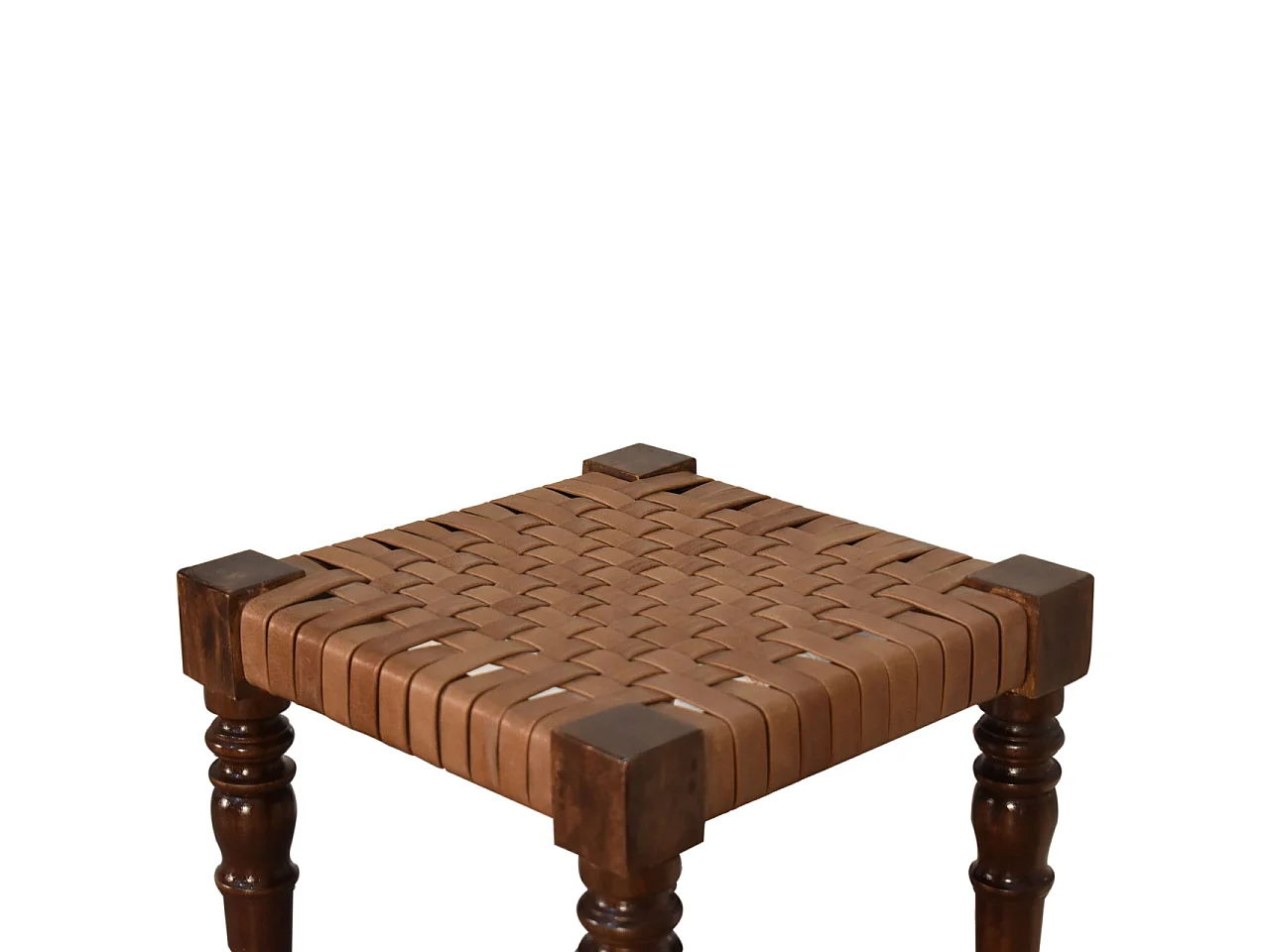 Artisan Furniture Solid Wood Woven Leather Footstool, Brown