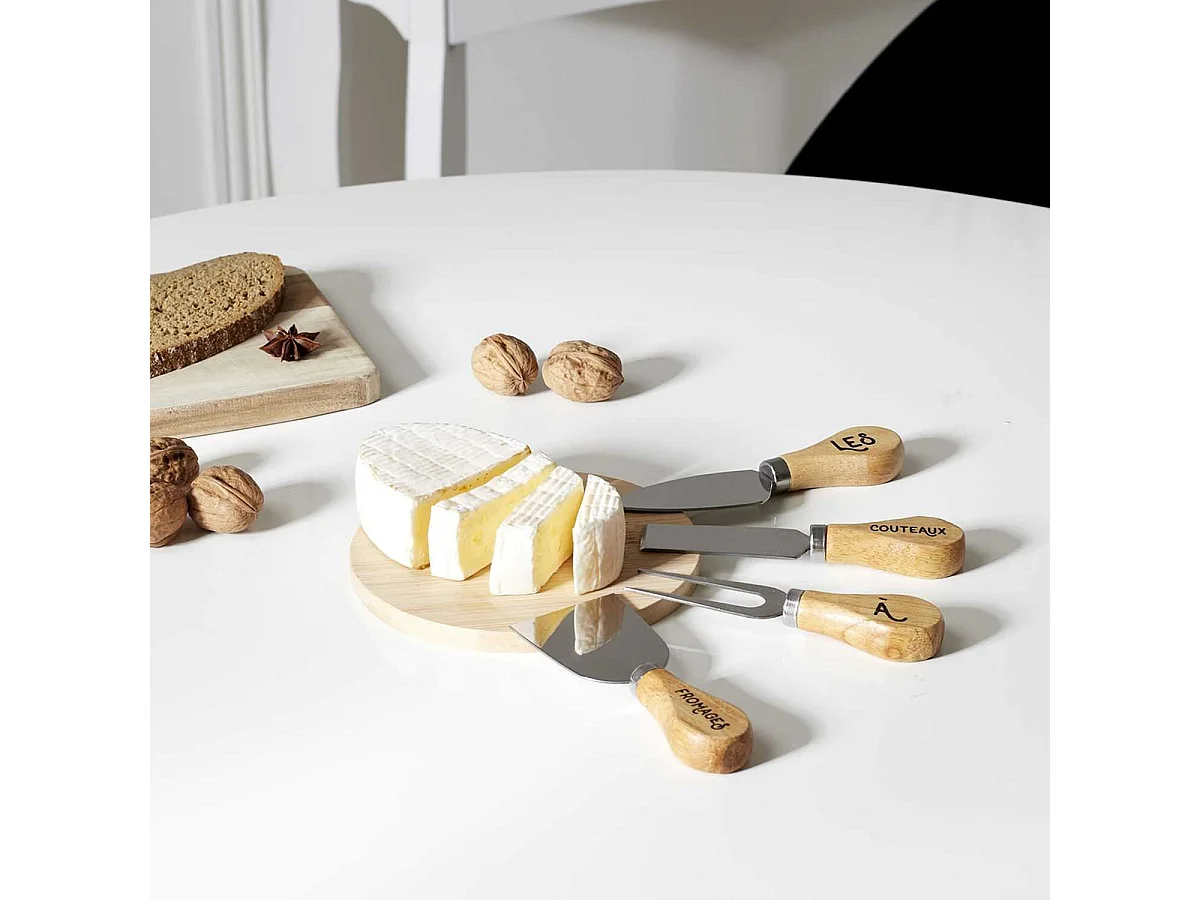 Coffret de 4 Couteau à Fromage et 1 Planche ronde en Bois - EMMA