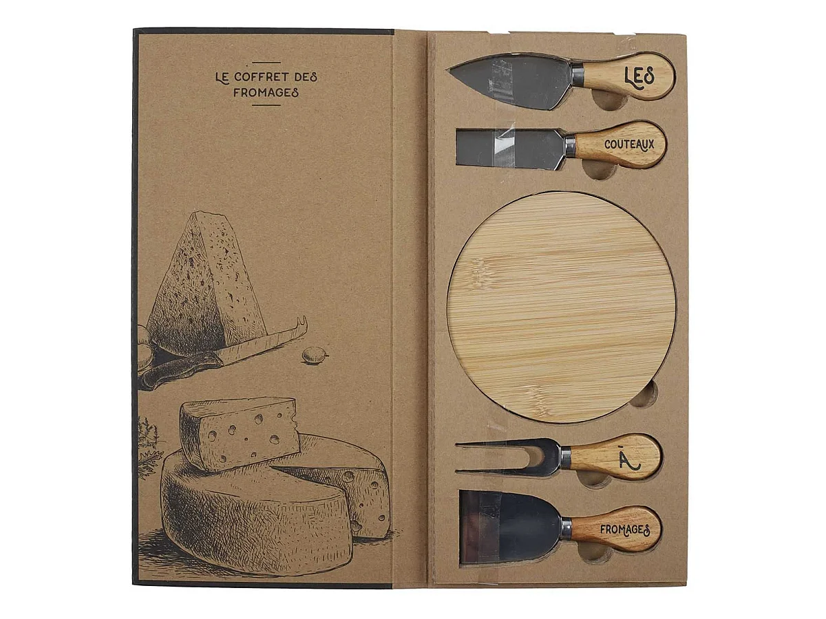 Coffret de 4 Couteau à Fromage et 1 Planche ronde en Bois - EMMA