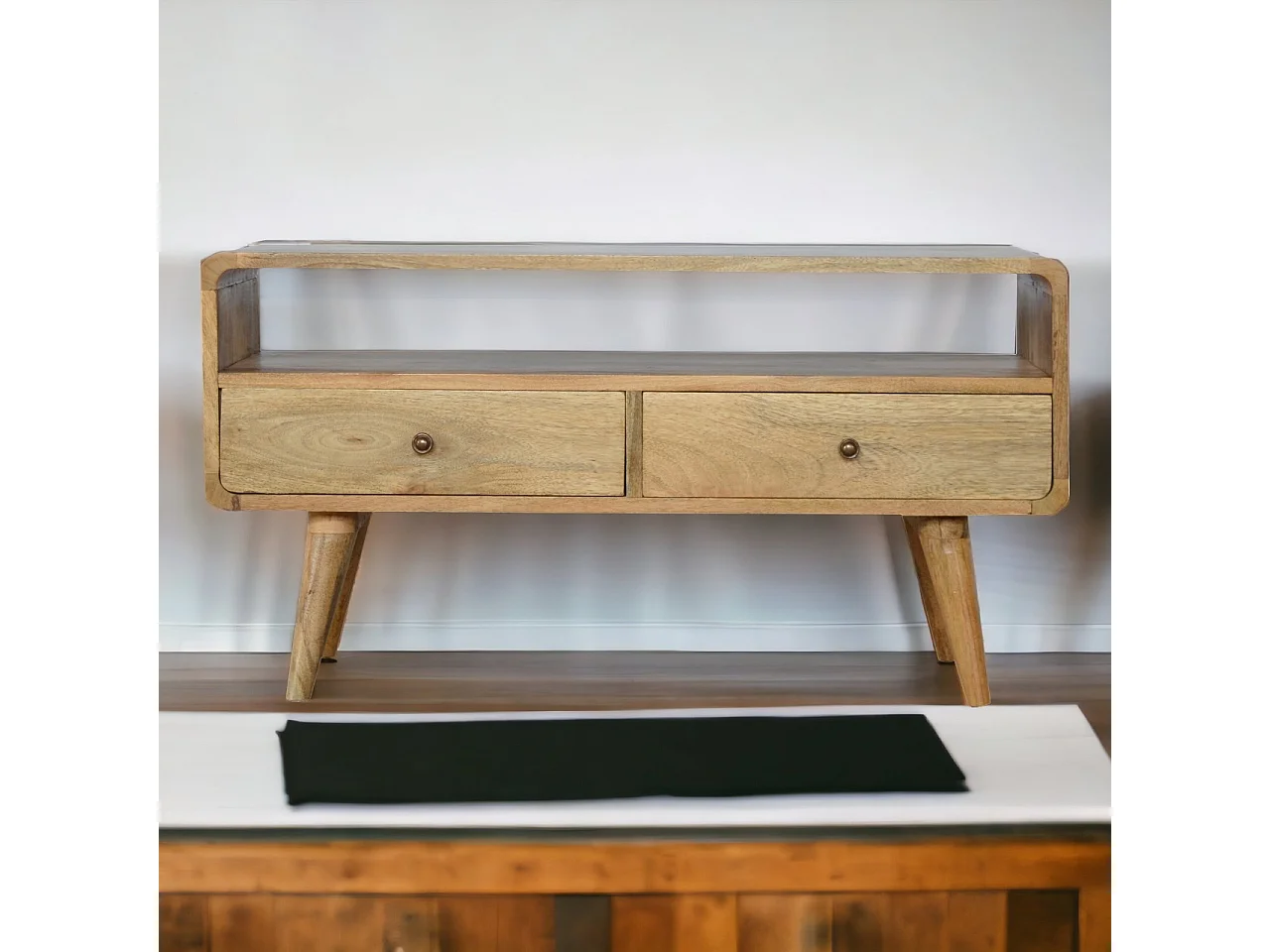 Artisan Furniture Solid Wood Curved Oak-ish Media Unit, 2 Drawers, 1 Open Slot, Brown Color