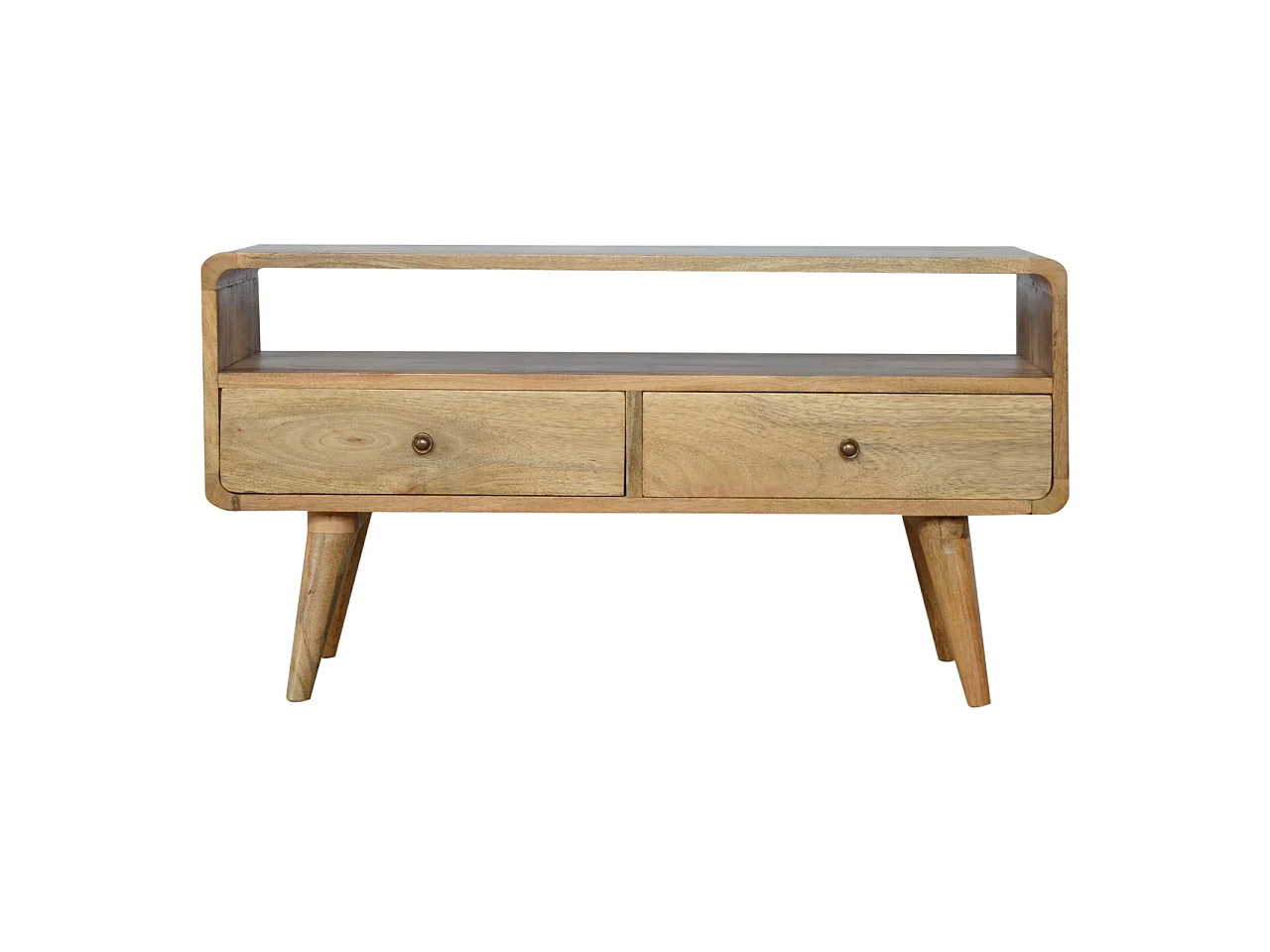 Artisan Furniture Solid Wood Curved Oak-ish Media Unit, 2 Drawers, 1 Open Slot, Brown Color