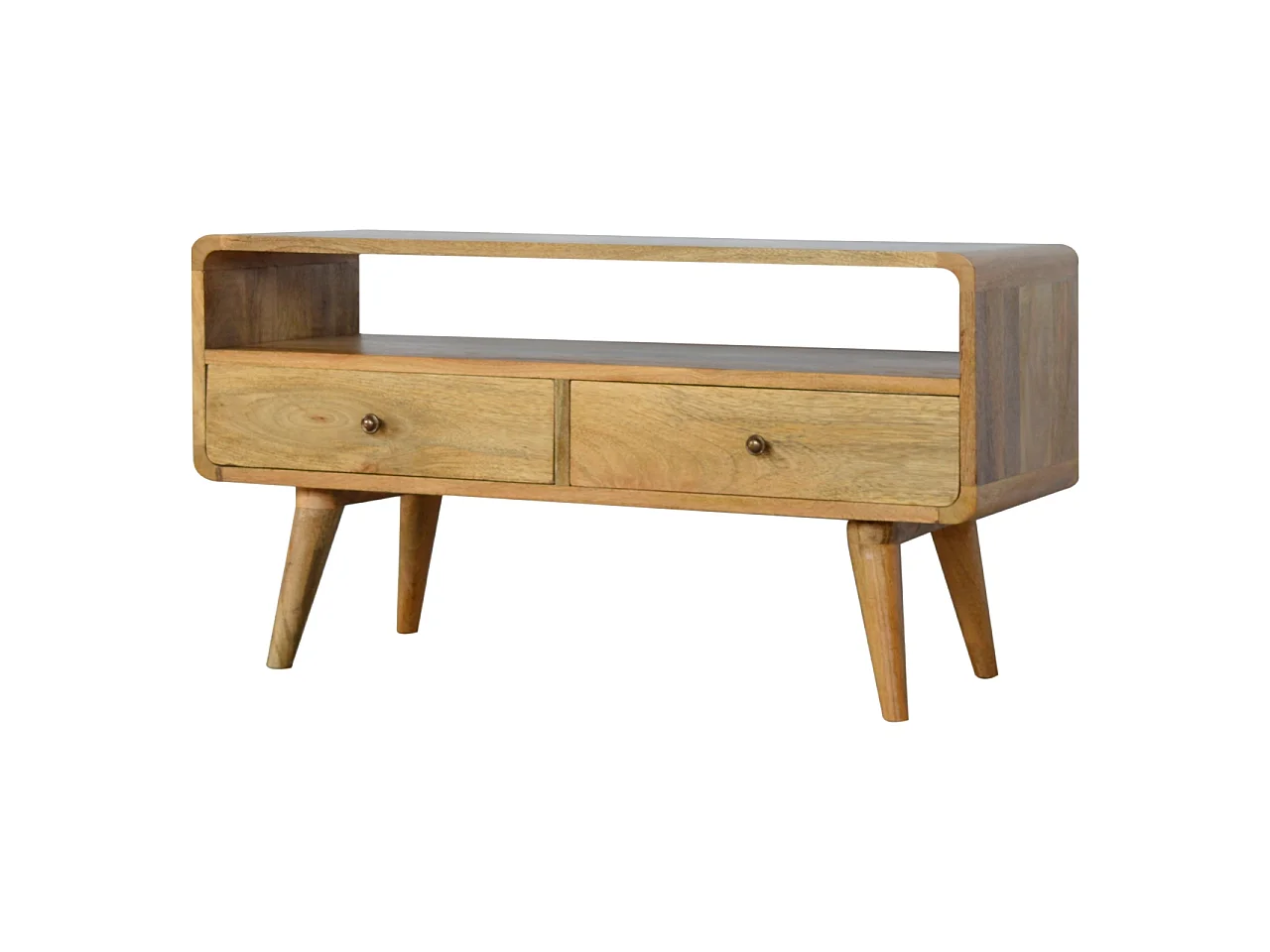 Artisan Furniture Solid Wood Curved Oak-ish Media Unit, 2 Drawers, 1 Open Slot, Brown Color