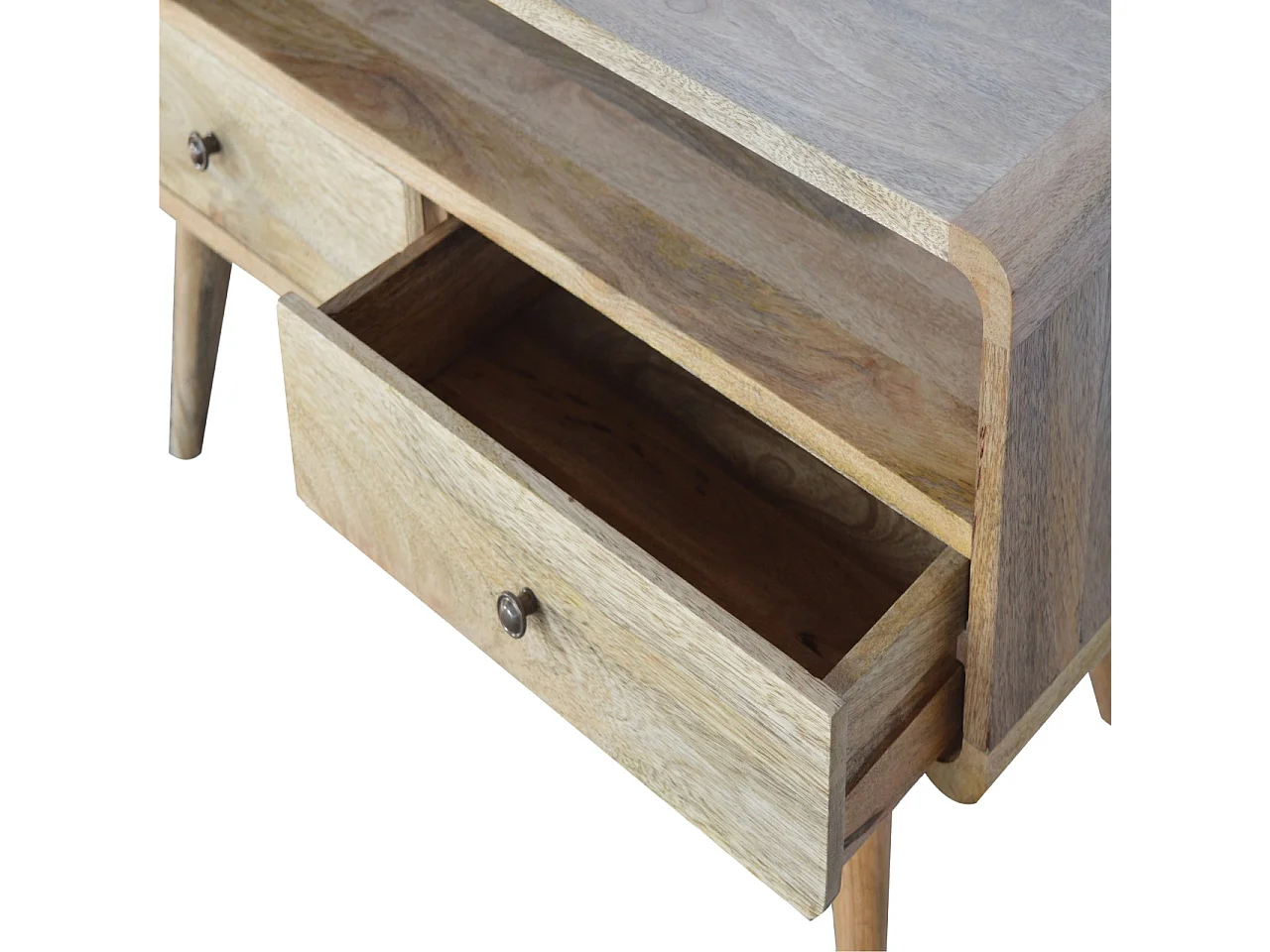 Artisan Furniture Solid Wood Curved Oak-ish Media Unit, 2 Drawers, 1 Open Slot, Brown Color