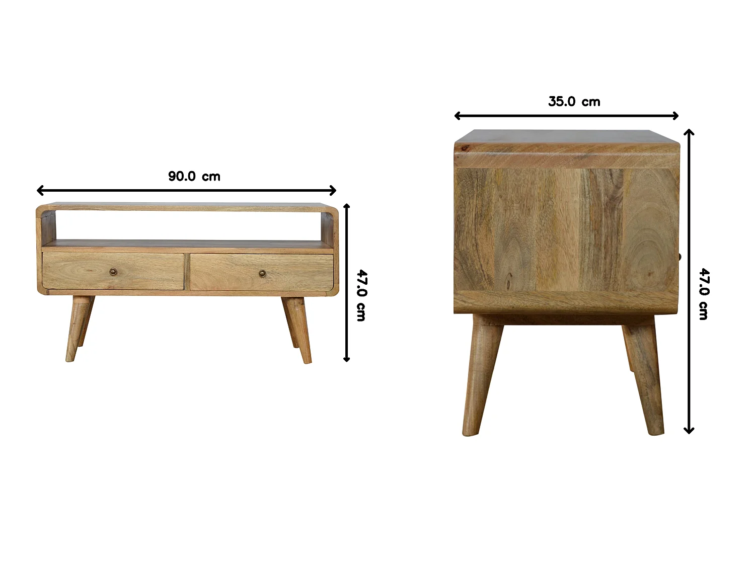 Artisan Furniture Solid Wood Curved Oak-ish Media Unit, 2 Drawers, 1 Open Slot, Brown Color