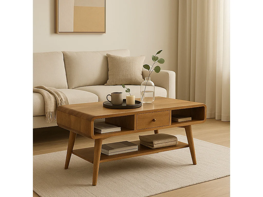 Artisan Furniture Solid Wood Curved Oak-ish Coffee Table, Beige, 2 Drawers