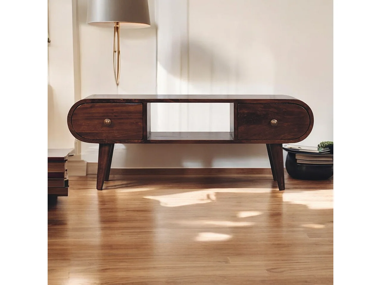 Artisan Furniture  Solid Wood California Walnut Circular TV Unit, 2 Drawers & 1 Open Slot, Brown