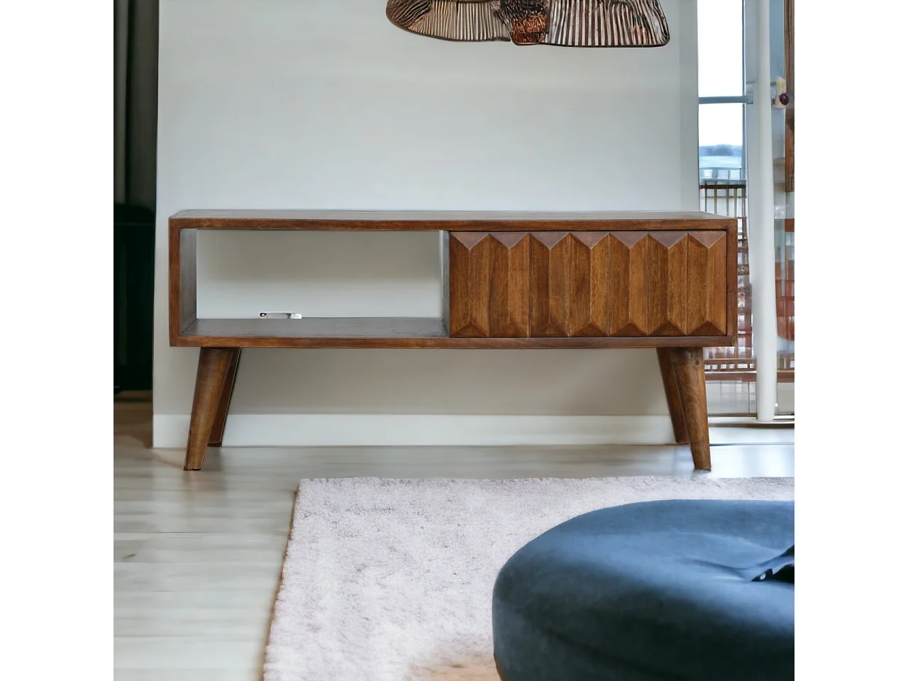 Artisan Furniture Solid Wood Chestnut Prism Sliding Media Unit, 1 Open Slot, 1 Side Sliding Door, Dark Brown