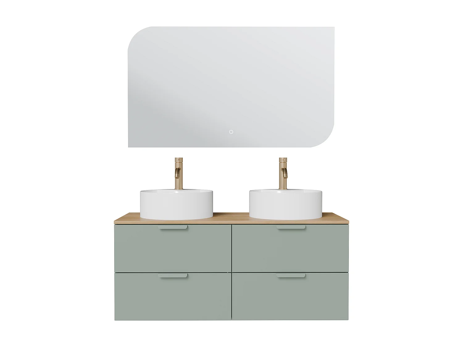 Meuble de salle de bain suspendu avec vasque à poser ronde, robinet et miroir – Vert amande– L120 cm – AVORELI