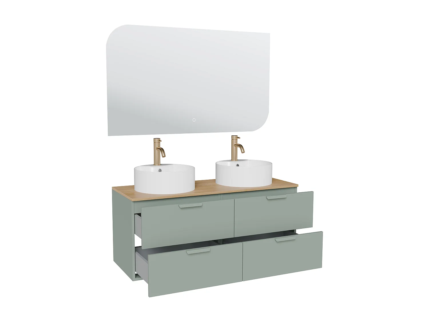 Meuble de salle de bain suspendu avec vasque à poser ronde, robinet et miroir – Vert amande– L120 cm – AVORELI