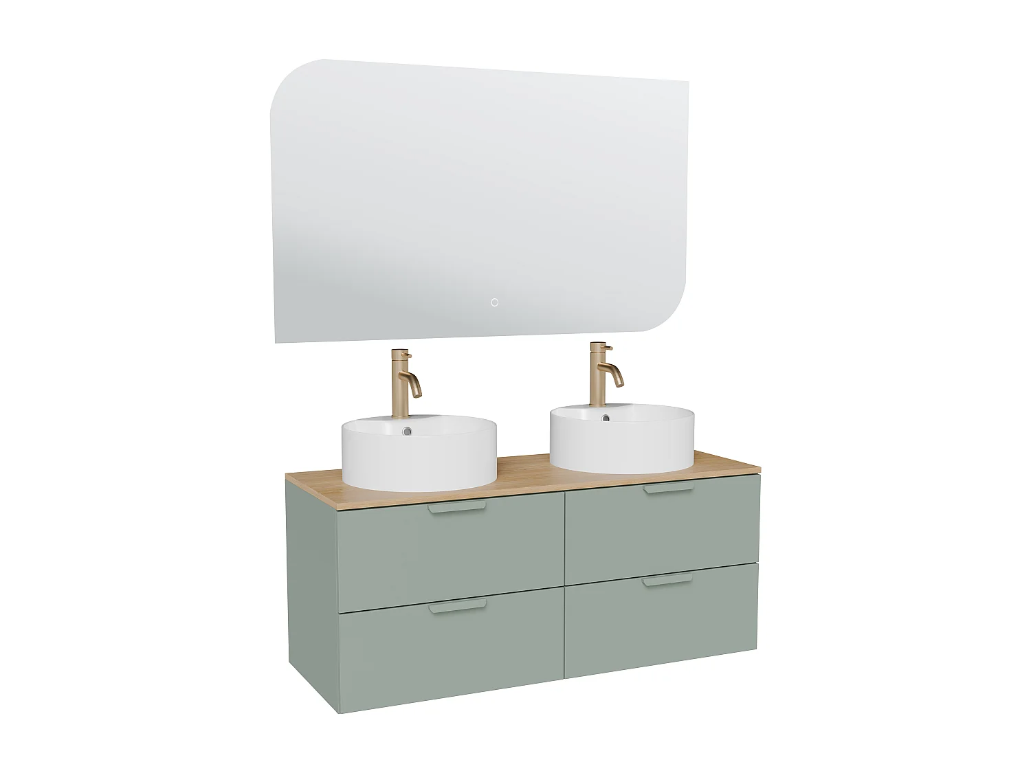 Meuble de salle de bain suspendu avec vasque à poser ronde, robinet et miroir – Vert amande– L120 cm – AVORELI