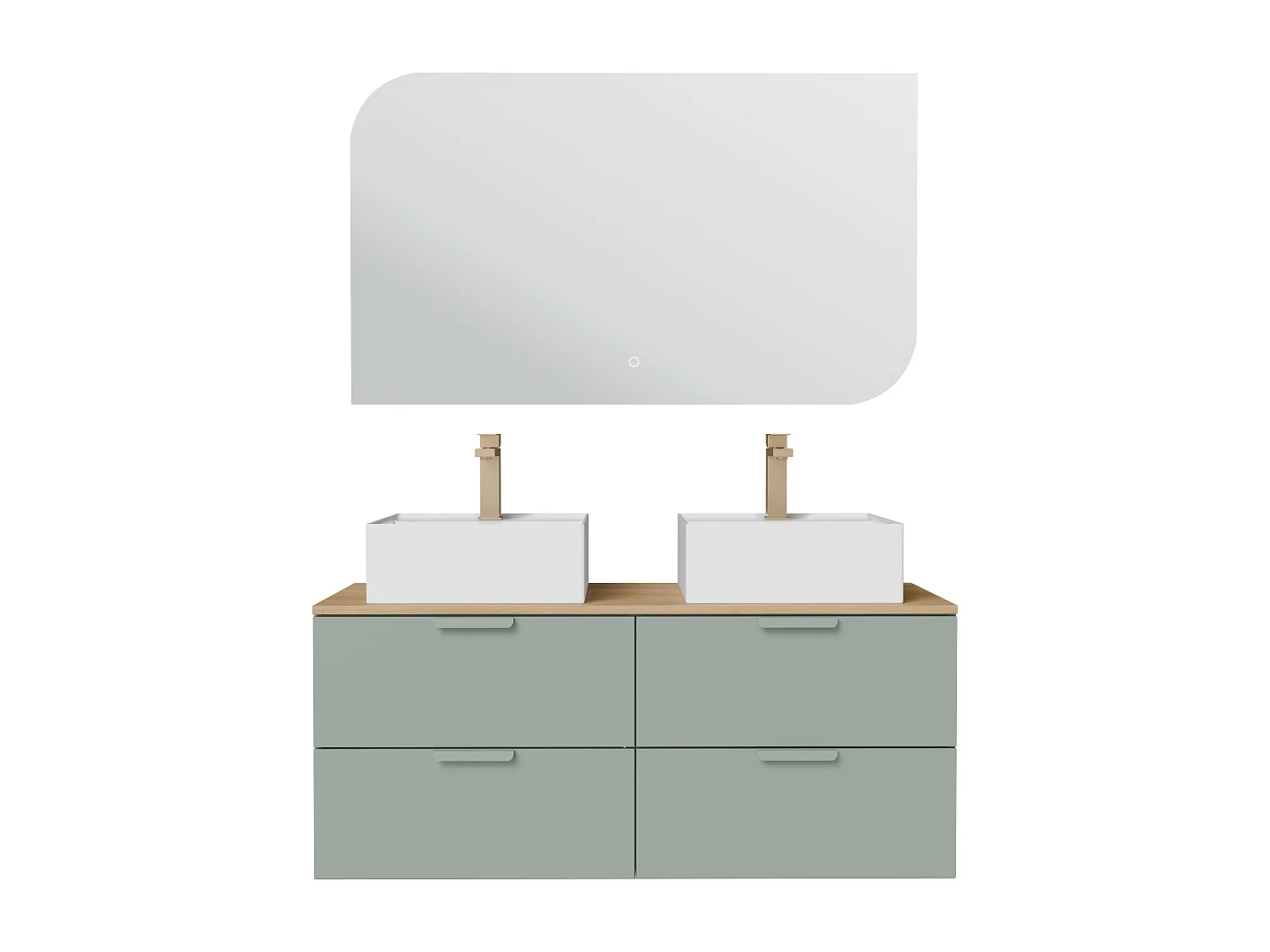 Meuble de salle de bain suspendu avec vasque à poser carrée, robinet et miroir – Vert amande– L120 cm – AVORELI