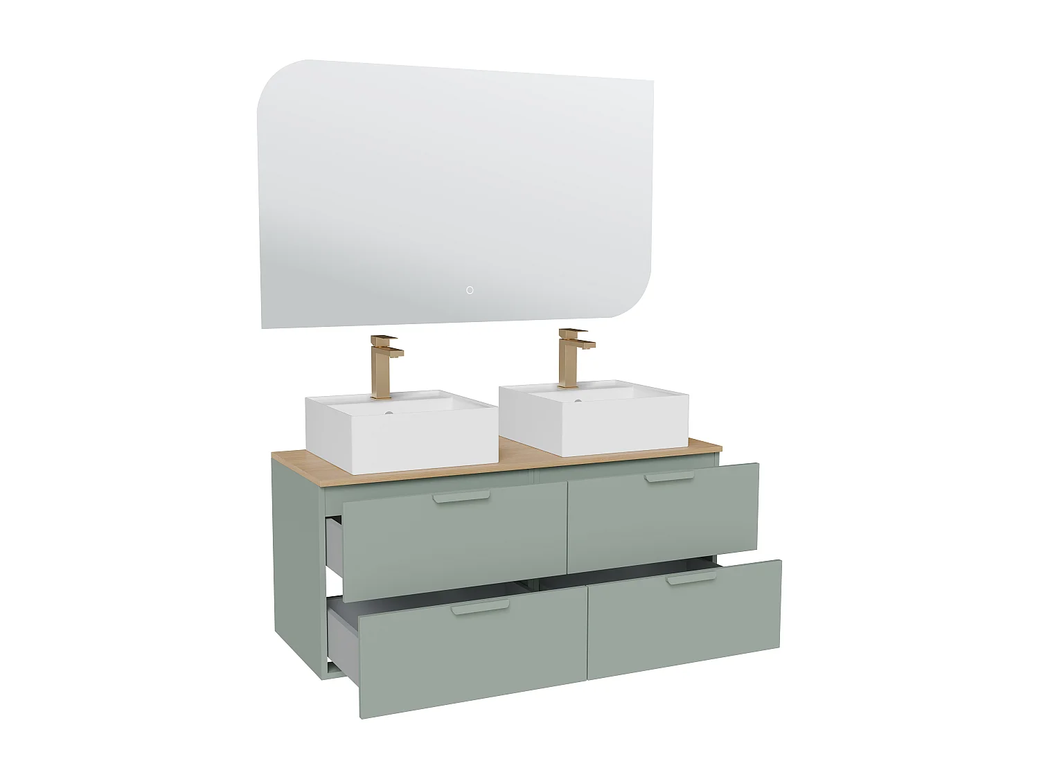 Meuble de salle de bain suspendu avec vasque à poser carrée, robinet et miroir – Vert amande– L120 cm – AVORELI