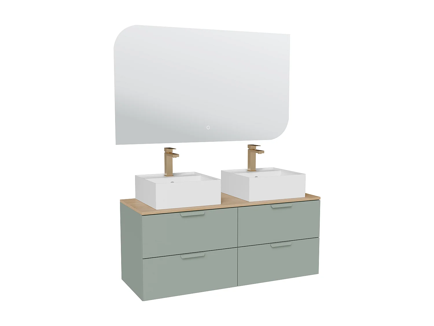 Meuble de salle de bain suspendu avec vasque à poser carrée, robinet et miroir – Vert amande– L120 cm – AVORELI