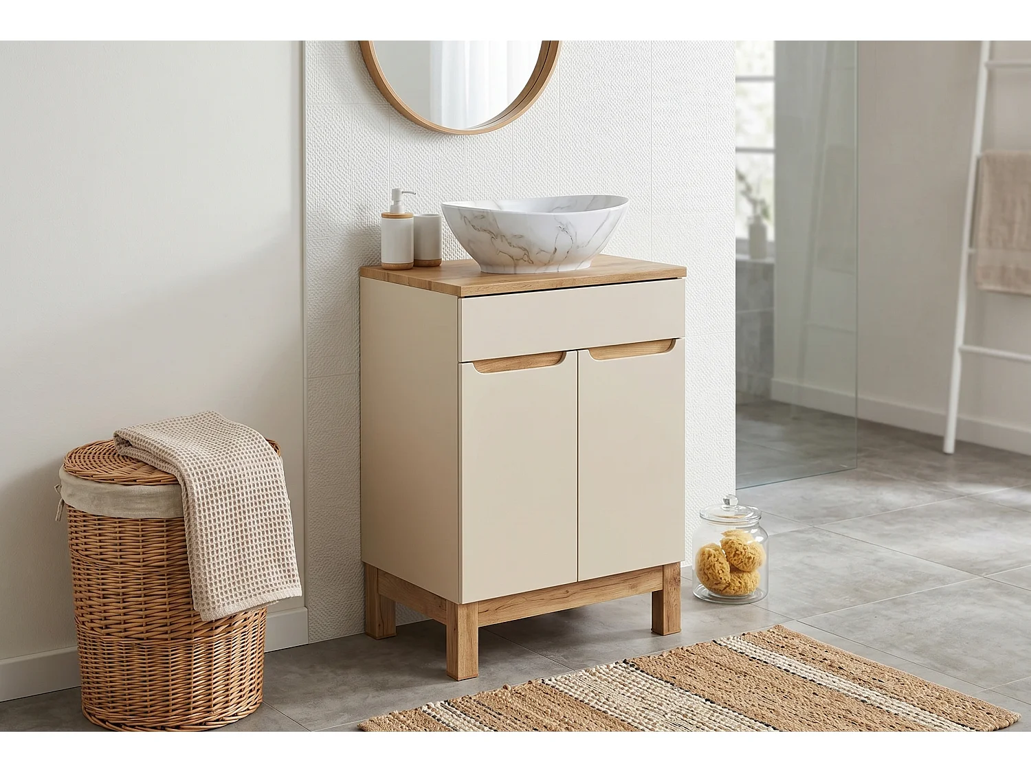 Set di mobili Bali Cashmere 60cm con piano e lavabo da appoggio Pati