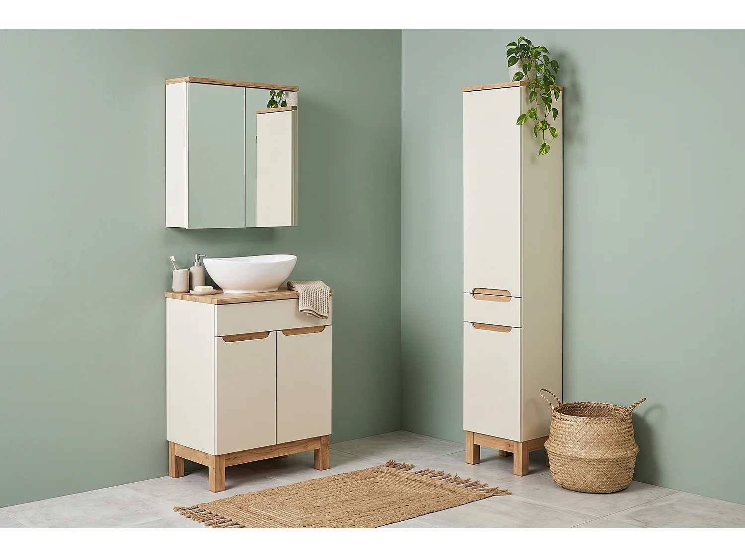 Ensemble de meubles Bali Cashmere 60cm avec plan de travail, lavabo à poser Lola, armoire haute et armoire avec miroir