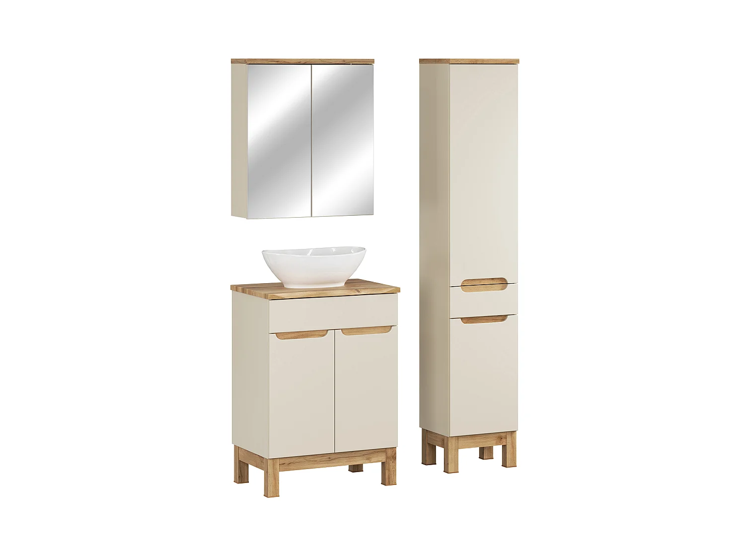 Ensemble de meubles Bali Cashmere 60cm avec plan de travail, lavabo à poser Lola, armoire haute et armoire avec miroir