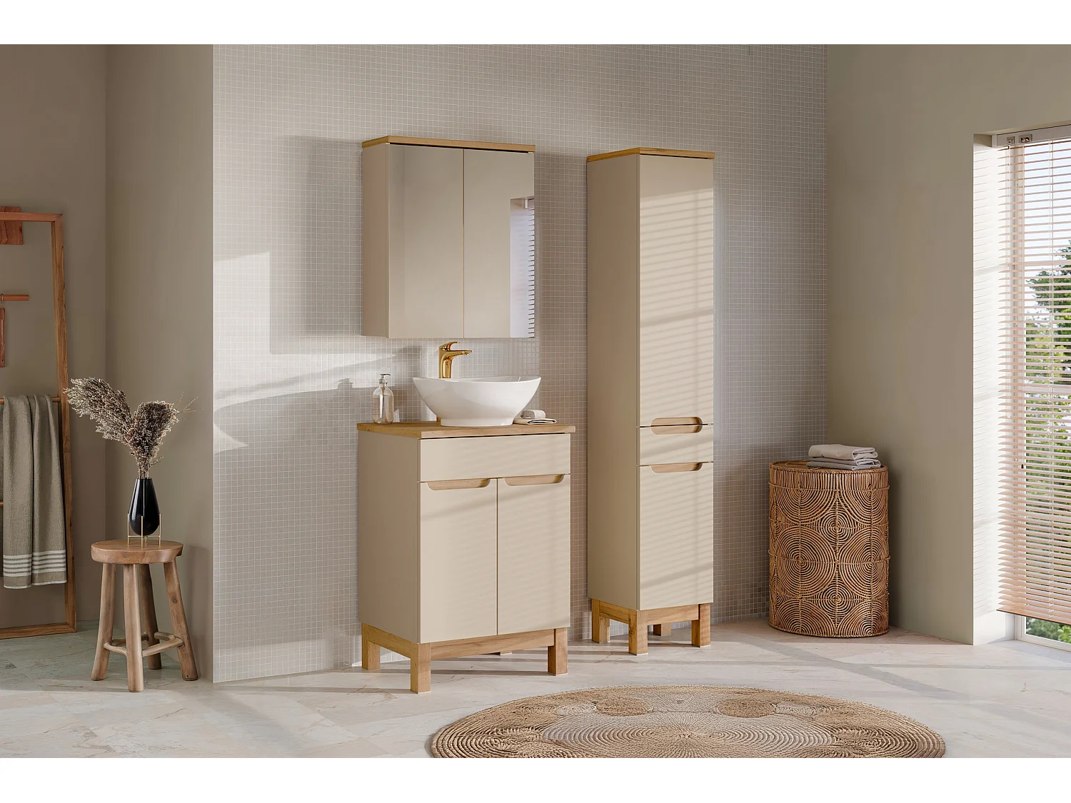 Ensemble de meubles Bali Cashmere 60cm avec plan de travail, lavabo à poser Lola, armoire haute et armoire avec miroir