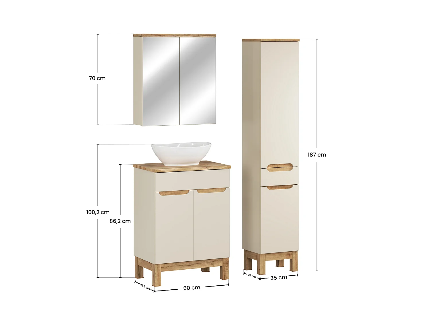 Ensemble de meubles Bali Cashmere 60cm avec plan de travail, lavabo à poser Lola, armoire haute et armoire avec miroir