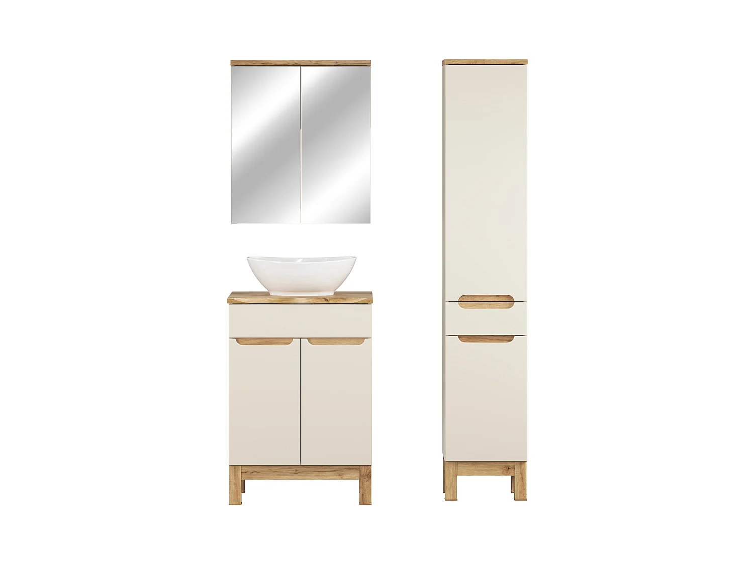 Ensemble de meubles Bali Cashmere 60cm avec plan de travail, lavabo à poser Lola, armoire haute et armoire avec miroir