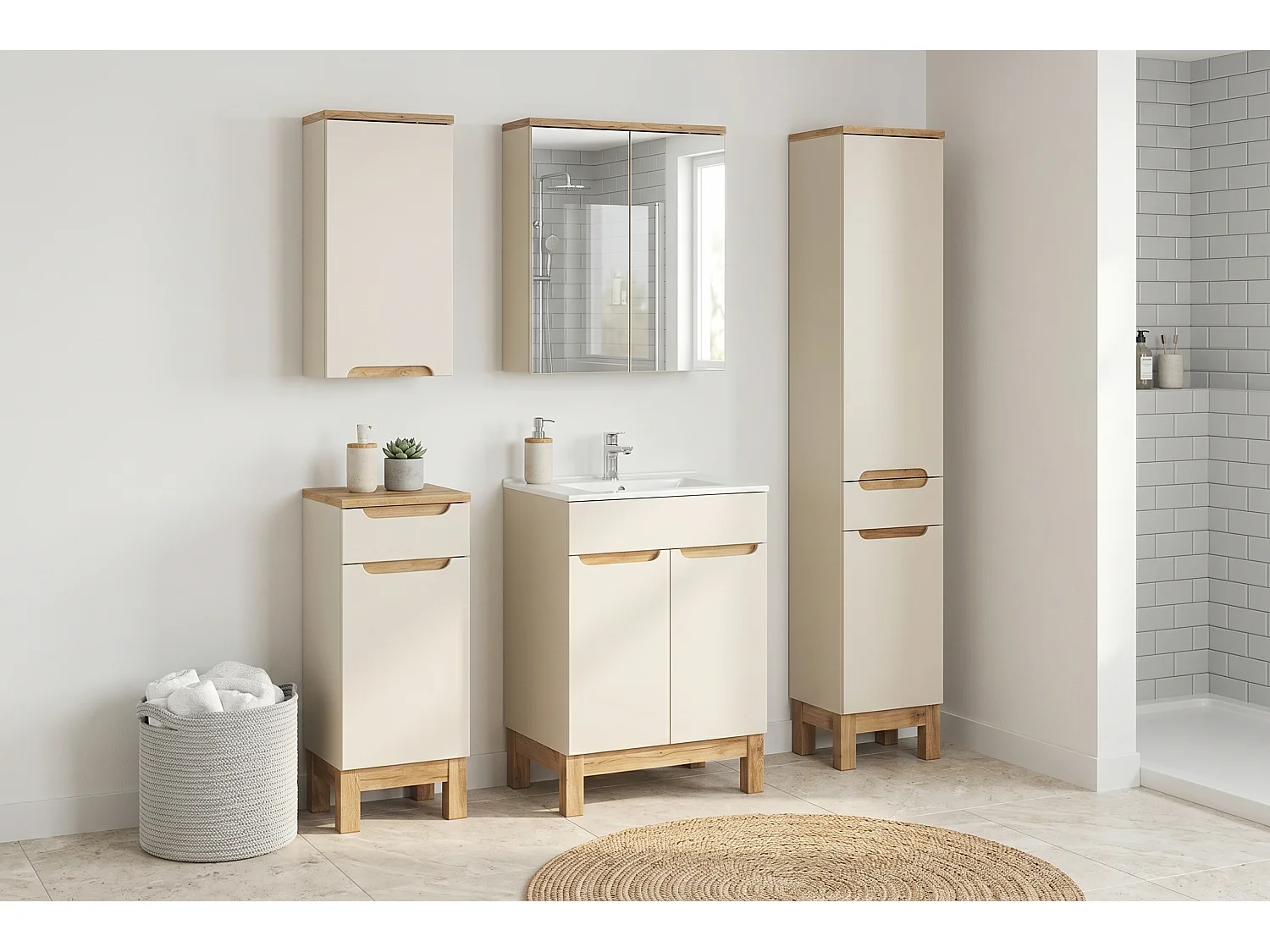 Ensemble de meubles Bali Cashmere 60cm avec lavabo de meuble Lava, armoire haute et armoire avec miroir