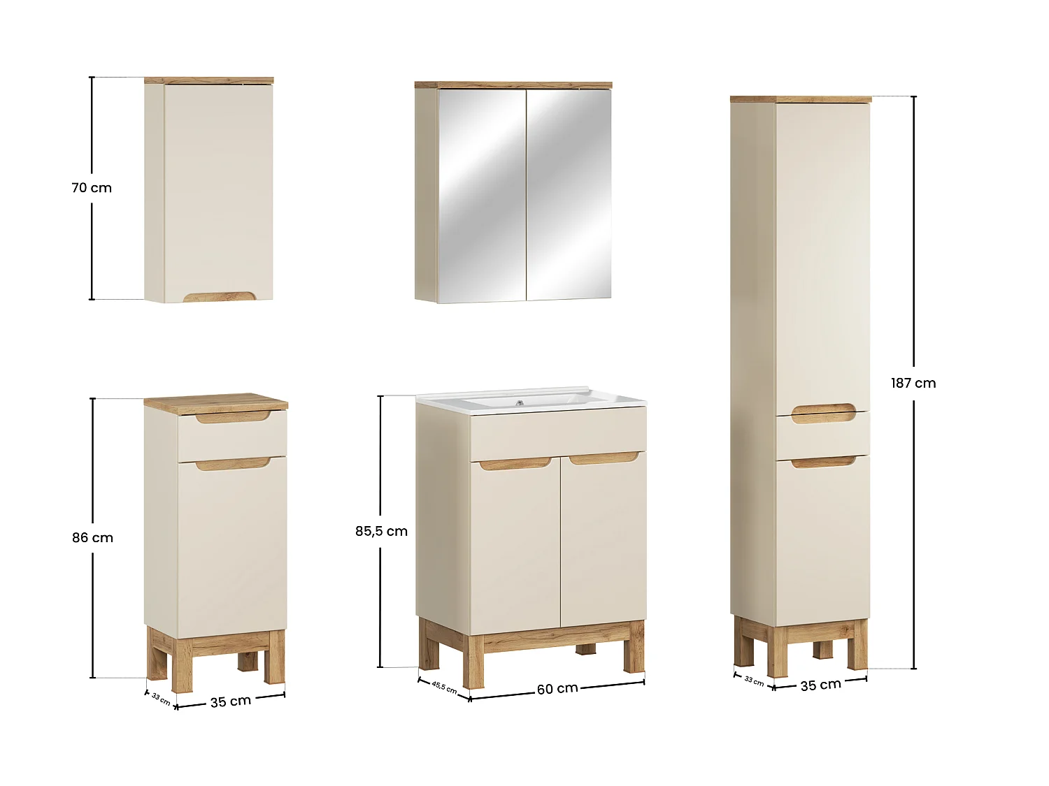 Set di mobili Bali Cashmere 60cm con lavabo da mobile Lava, armadio alto e armadio con specchio