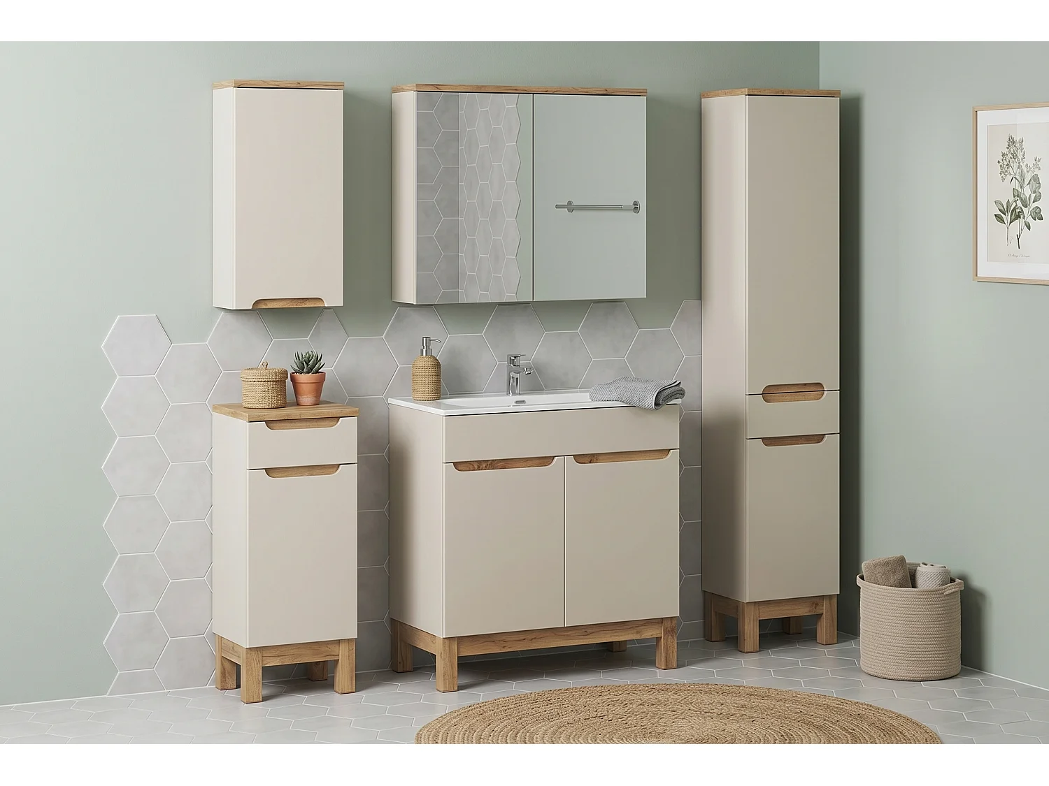Ensemble de meubles Bali Cashmere 80cm avec lavabo de meuble SKY, armoire haute, armoire basse et armoire avec miroir