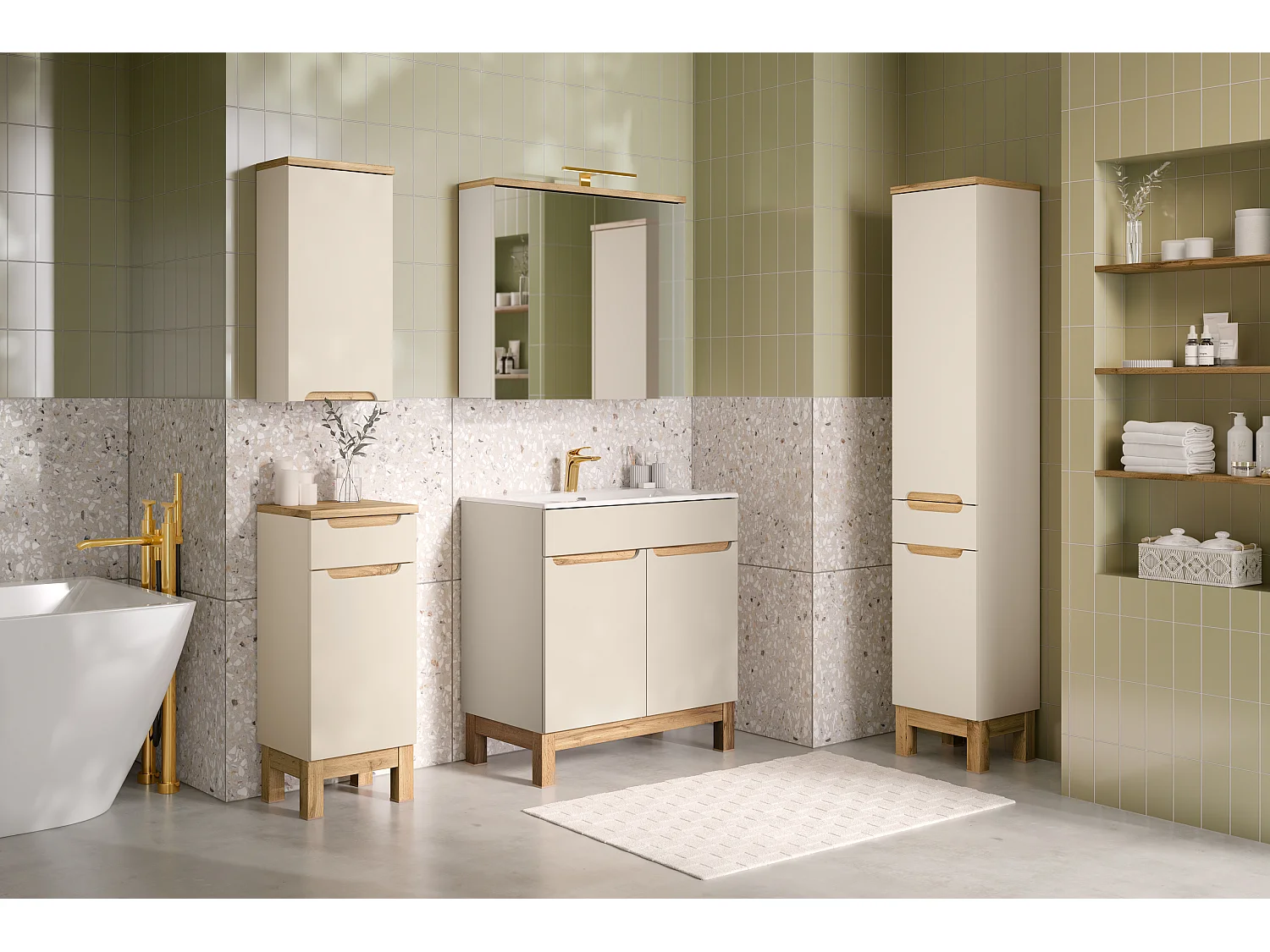 Ensemble de meubles Bali Cashmere 80cm avec lavabo de meuble SKY, armoire haute, armoire basse et armoire avec miroir